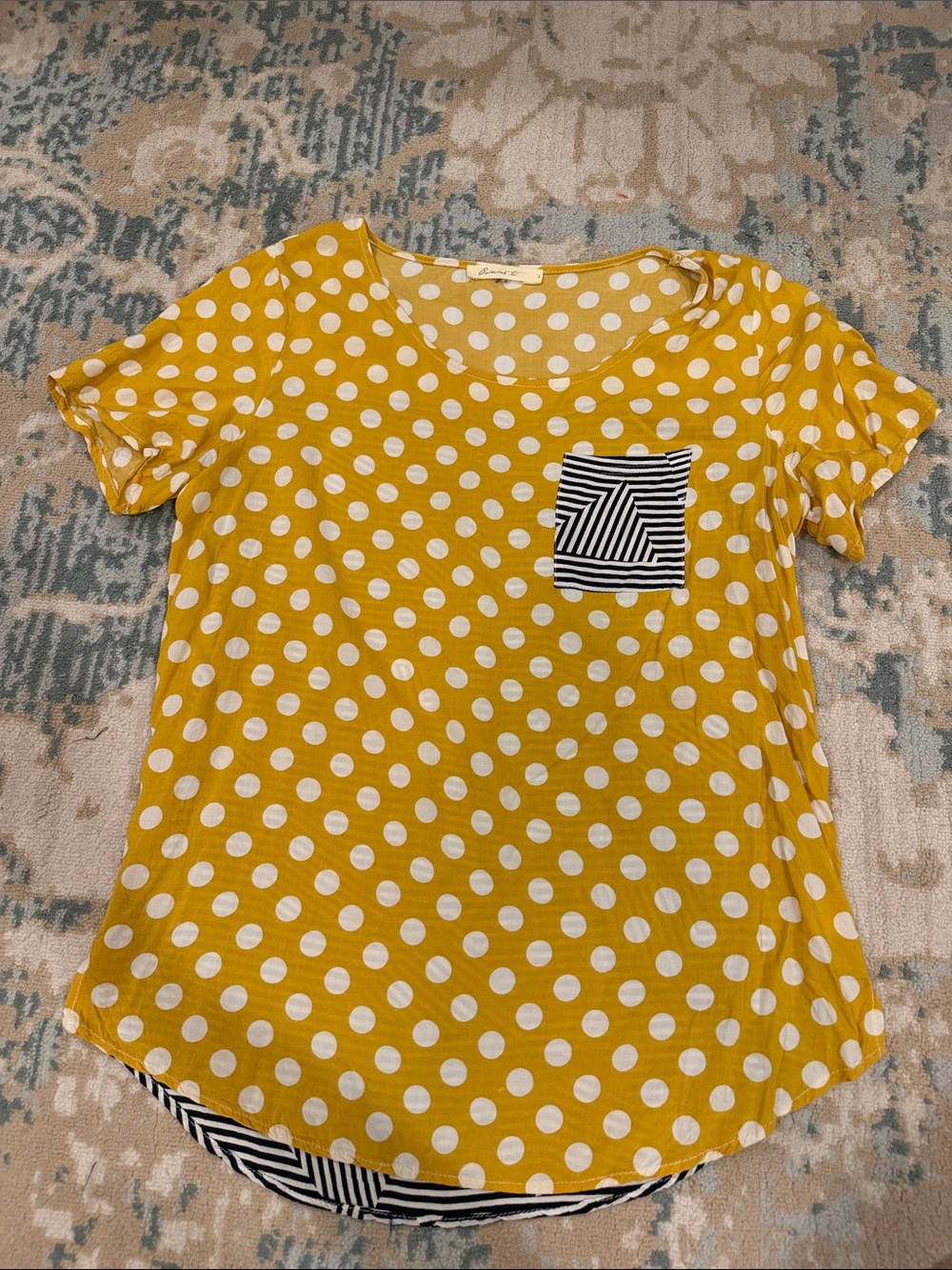 Connie Yellow Polka Dot Short Sleeve Tee with Striped Pocket